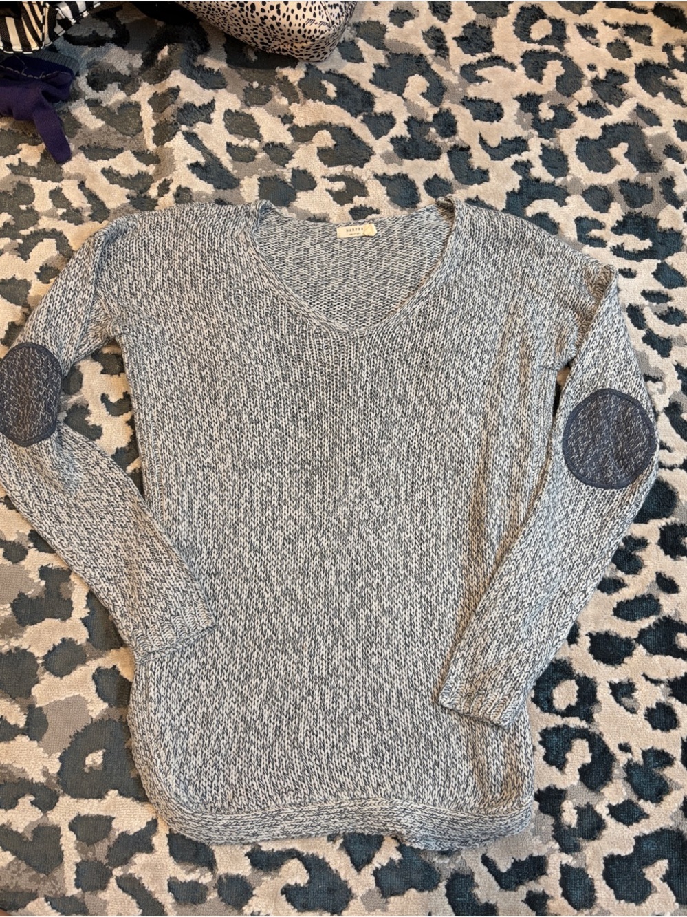 V-Neck Marbled Knit Sweater with Elbow Patches -Bluish Gray